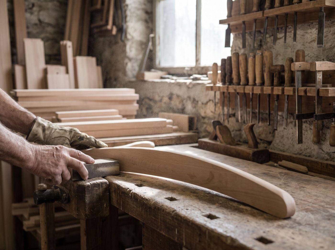 Handschliff eines Holzbauteils für ein Babybett in der Werkstatt