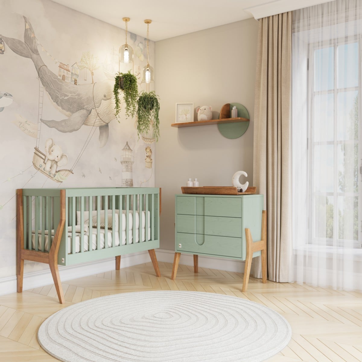 SAGE GREEN YappyIcon beebivoodi ja kummut mähkimisalusega