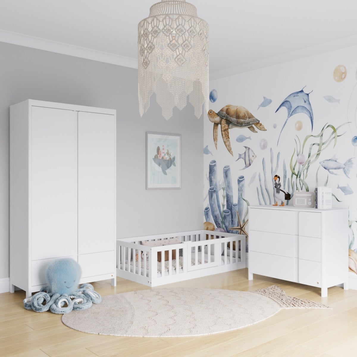 WHITE YappyClassic Kleiderschrank und Wickelkommode mit YappyCasa Kinder-Bodenbett