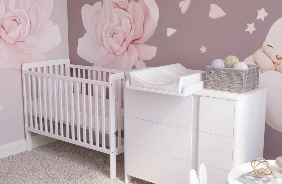  WHITE YappyUno baby cot and YappyClassic dresser