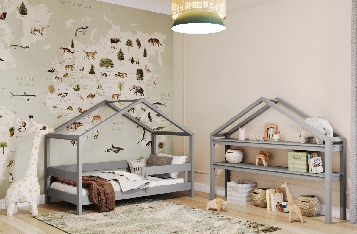  LIGHT GREY YappyHytte maja-voodi ja YappyHytte riiul