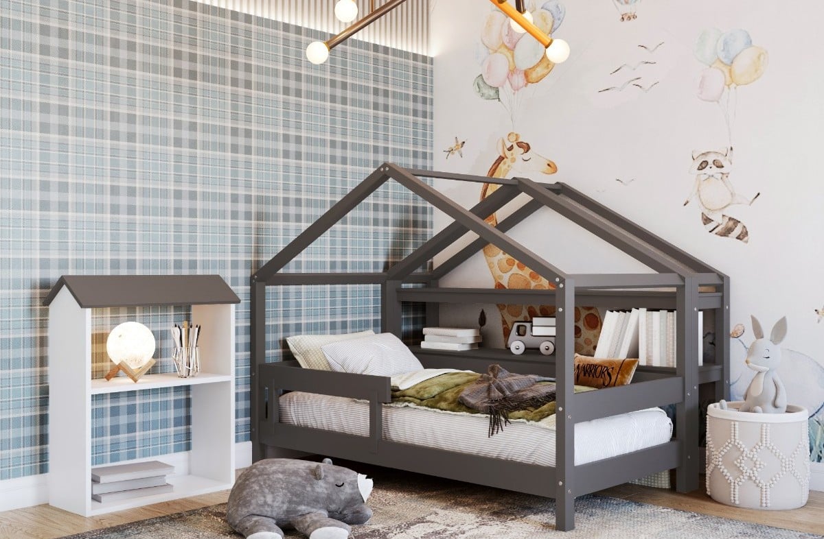  ANTHRACITE YappyHytte house bed, YappyHytte shelf and YappyHus shelf