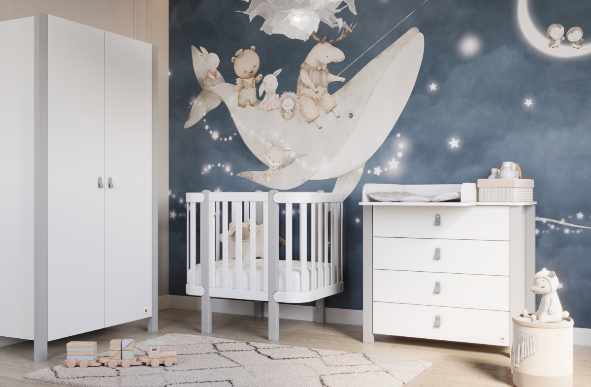  YappyÉtude vaikiškos lovytės komplektas (trumpi šonai ir čiužinio pagrindas) WHITE/SKYGREY