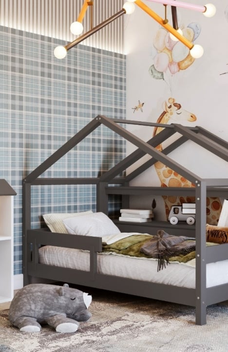 ANTHRACITE YappyHytte house bed, YappyHytte shelf and YappyHus shelf