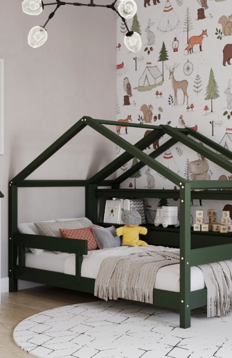 GREEN YappyHytte house bed, YappyHytte shelf and YappyHus shelf